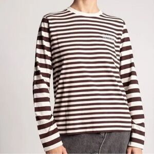 Ganni Top Tee Crew Long Sleeve Striped Casual Chic Preppy Brown White Large